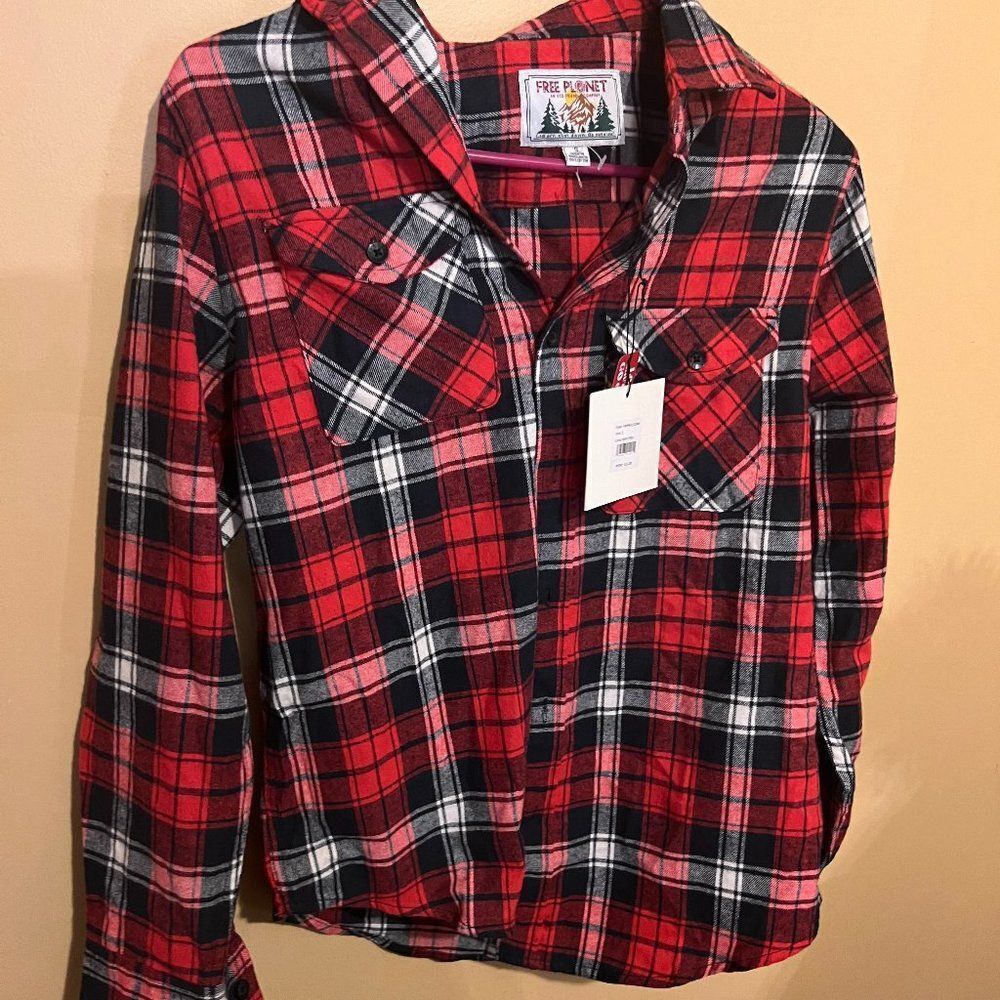 NWT Free planet plaid button down small‎